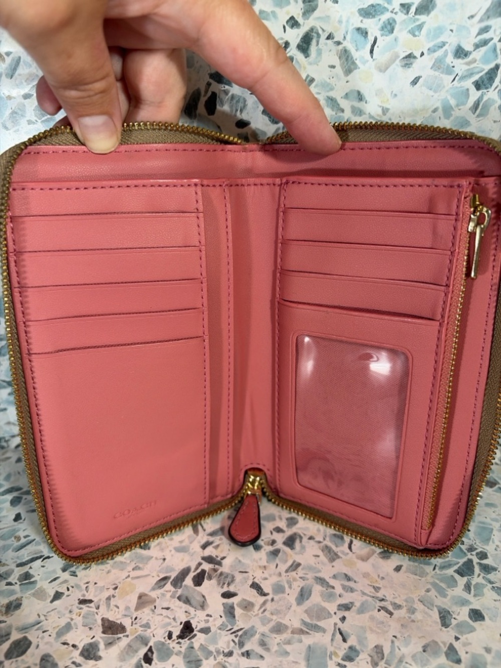 Coach Zip Around Wallet Stripe Signature Canvas Pink Beige Leather - Picture 5 of 7